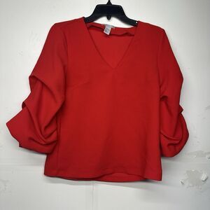 H&M Women's Red V-Neck Blouse Puff Sleeve Top Size 2 Dressy Casual